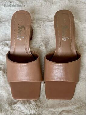 SHEIN Nude Square Toe Block Heel Mules Women’s Slide Sandals Minimalist Heels